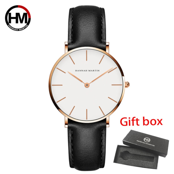 Hannah Martin Casual Quartz Watch Dam Vattentät Läder Armbandsur Svarta Dam Klockor Armband Relogio Feminino HM-CB36-3