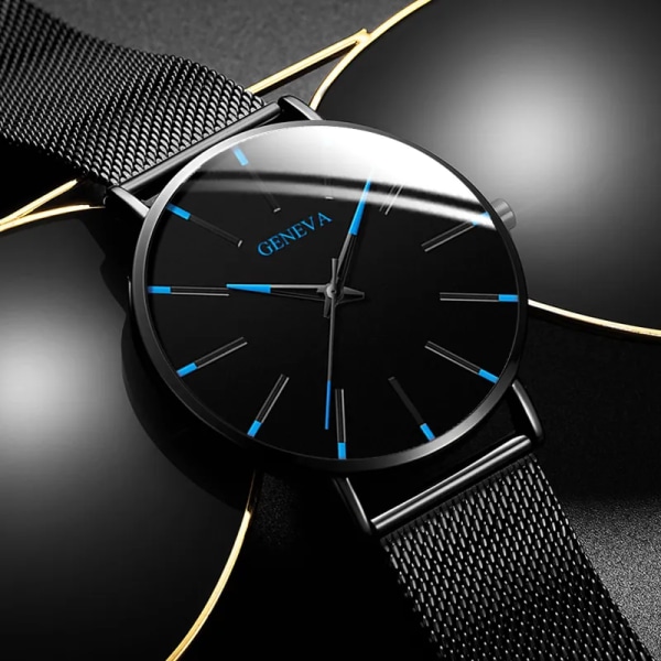 2023 Geneva Minimalist Watch Herr Ultra Tunn Blå Rostfritt stål Mesh bälteklockor Man Business Casual Quartz Watch M Blue Rose Gold