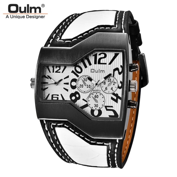 Oulm Classic Style Two Time Zone Herrklockor PU Läder Armbandsur Man Quartz Clock Casual Man Timmar relogio masculino all white