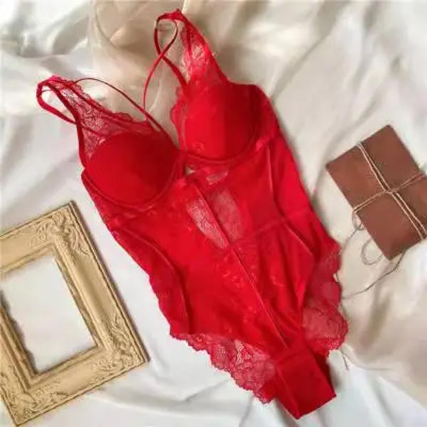 Spets Sexig Body Underkläder Set Kvinna i ett stycke Push Up Mesh BH Stringdräkt Solid 3/4 kopp bygel underkläder för kvinnor Red