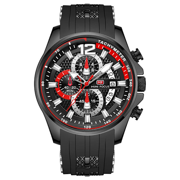 MINI FOCUS Röd watch för män Mode Lyx Chronograph Quartz Armbandsur med silikonband Lysande visare Datum Vattentät 0350 0350Black