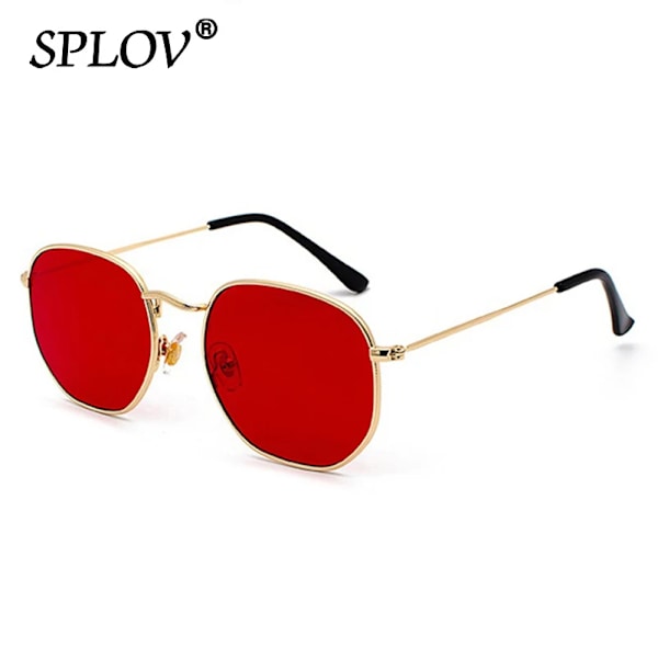 Hexagon Herr Dam Solglasögon Fyrkantiga Polygon Solglasögon Märkesdesigner Retro Skärmar Metallram Glasögon TOP UV400 de sol hombre C05 Gold Red