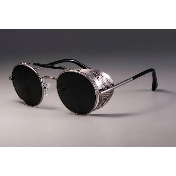 zml14 Retro runda metallsolglasögon Steampunk Män Dam Märke Designerglasögon Oculos De Sol Shades UV-skydd silver black