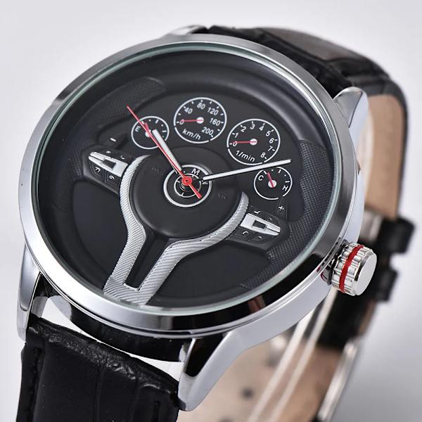 Kreativ Naturlig stil Klassisk precision Mode Watch herr 3D Racing däck Gratis rostfritt band Klocka Casual Black sliver