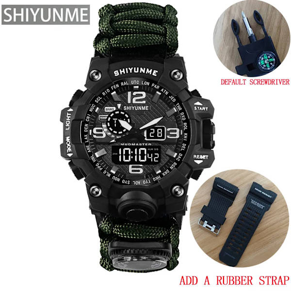 Utomhus Survival Watch Multifunktionell Vattentät Militär Taktisk Paracord Watch Armband Camping Vandring Nödutrustning green with strap