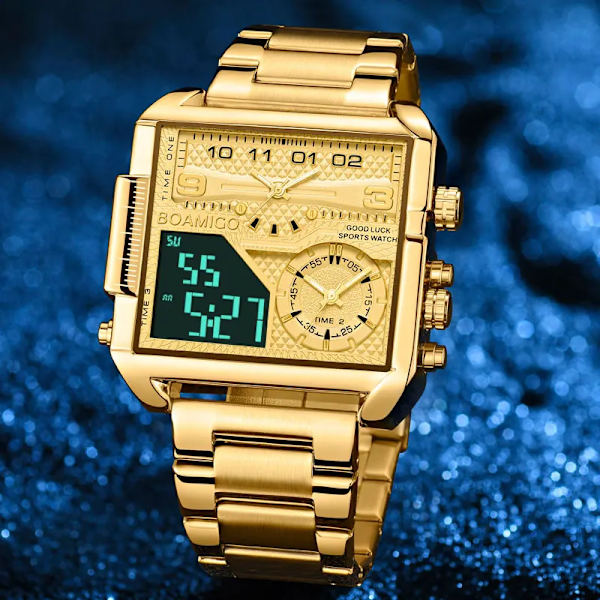 BOAMIGO Toppmärke Lyxmode Herrklockor Guld Stål Sport Fyrkantig Digital Analog Big Quartz Watch for Man relogio masculino black pi(.103)