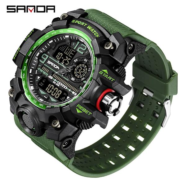 SANDA Mode Herrklockor LED Sport Vattentäta Klockor Herr Topp Lyxmärke Digital Man Quartz Watch Relogio Masculino 3133 black green