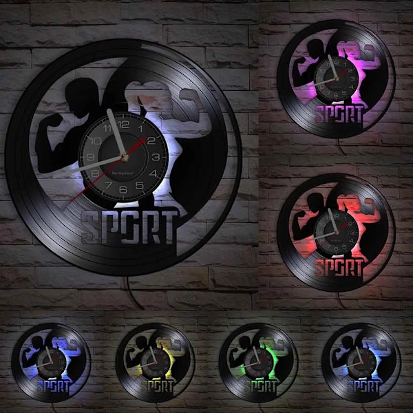 Bodybuilding Väggklocka Tillverkad av Äkta Vinylskiva Träning Tyngdlyftning Gymutrustning LED Bakgrundsbelysning Modern Klocka Till Kroppsbyggare With LED(.110)