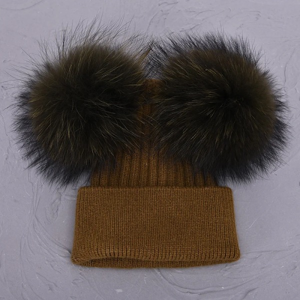 Dubbel Pompom-mössa för kvinnor, vintermössor, stickade mössor, mössor, beanies, flickor, två pompom-mössa Army green match fur