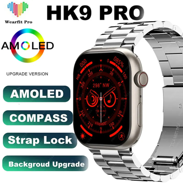 Ny HK9 Pro MAX Smart Watch Men Series 9 2,02 Inch High Refresh Rtae AMOLED Skärm Kompass IWO Smartwatch Dam För Apple Watch Black steel strip