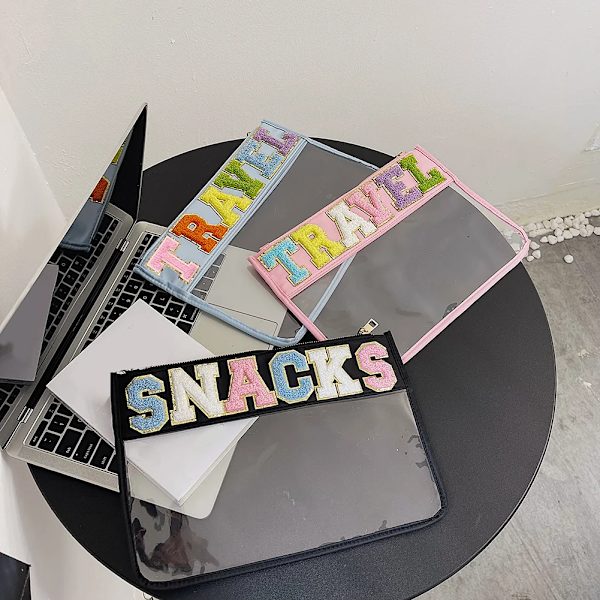 Brevlappar Genomskinlig PVC-väska Kosmetikväska Koppling Genomskinlig resor Smink Kosmetikväska Påsar Snackprylar Smink Toalettväska Black no letters