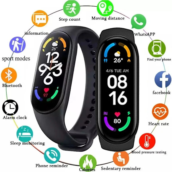 M7 Smart Watch Herr Dam Smartband Puls Smartwatch Fitness Tracker Blodtryck Sport Smart Armband för Band 7 Red With Original Box