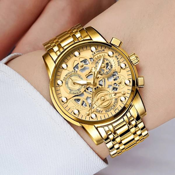 Watch för män Skelettdesign Mode Mekanisk stil i rostfritt stål Quartz rörelsekalender Vattentät Armbandsur för män 2451JH