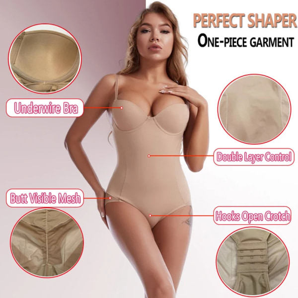 Shapewear Body för kvinnor Magkontroll Kroppsformare med inbyggd BH Kompression Waist trainer Reduktivt slimmande underkläder Skin-Mesh L