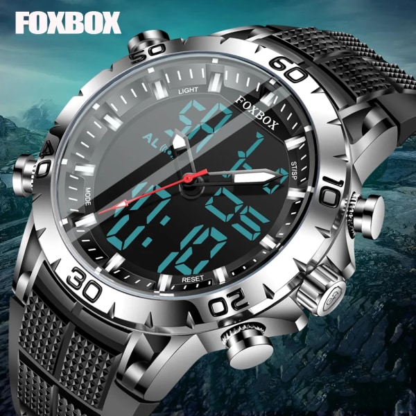 FOXBOX Herrklockor Sport Toppmärke Lyx Dual Display Quartz Watch Herr Militär vattentät klocka Digital elektronisk watch+ Box full black(.139)