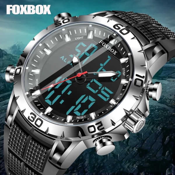 FOXBOX Herrklockor Sport Toppmärke Lyx Dual Display Quartz Watch Herr Militär vattentät klocka Digital elektronisk watch+ Box full black(.140)