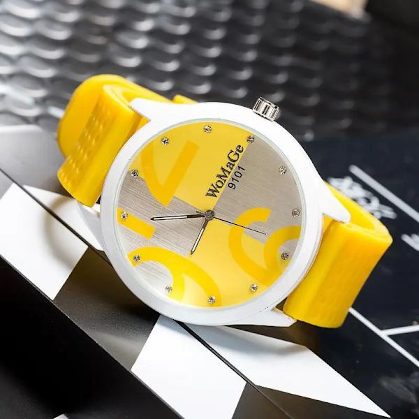 Womage Watch Dam Gröna Klockor Mode Big Number Quartz Armbandsur Dam Dam Gilrs Silikon Sportklockor reloj mujer Yellow