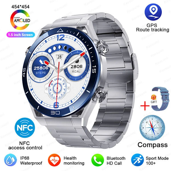 NFC AMOLED Smart Watch Herr Custom Dial Svara Ring Sport GPS Track Kompass IP68 Vattentät Smartwatch För Huawei Ultimate Blue Steel