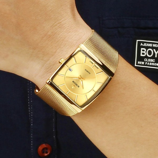 WWOOR Luxury Gold Watch Herr fyrkantig Japan Quartz Slim Steel Mesh Vattentät Sport Automatisk Date Armbandsur Relogio Masculino gold gold box