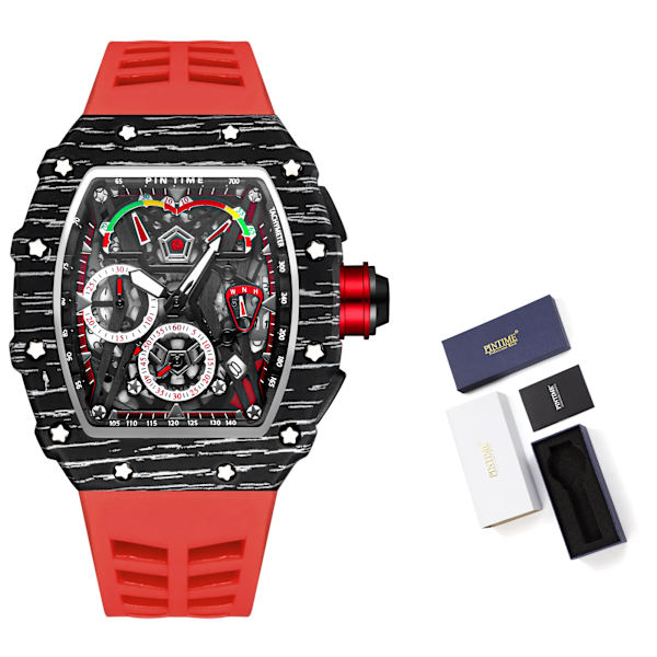 PINTIME Kampanj Rea Män Mode Sport Watch Kronograf Funktion Stoppur Röd gummirem Auto Date Man Lyx Armbandsur 4 with box