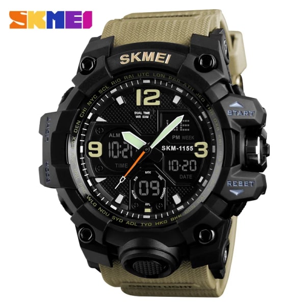 SKMEI 1155B Watch 5Bar Vattentät Dual Display Armbandsur Relogio Masculino watch Sport Herr Militär Digitala klockor Khaki Watch