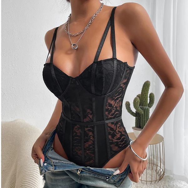 Sensuella underkläder Body Shapewear Fitness Exotiska kostymer Se Through Spets Rygglösa Erotiska strumpbyxor Sexiga stringtrosor Spets Crop Tops White M