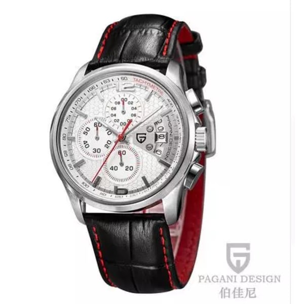 Pagani Design New Chronograph Stop Watch Luminous Watch Single Calendar Sports Läderklockor för män -PD-3306BRE white red B