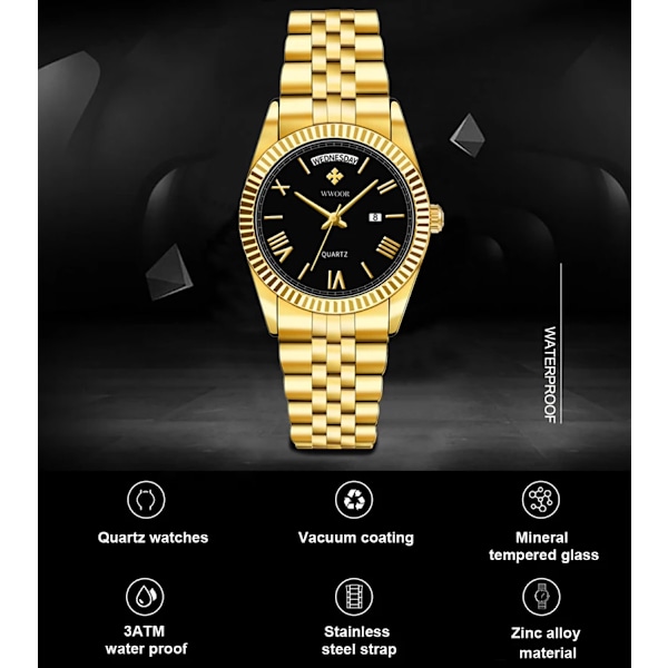 WWOOR Nya guldklockor Herr lyxigt rostfritt stål med kalender Warterproof manlig klocka Week Quartz Armbandsur Relogio Masculino Gold white