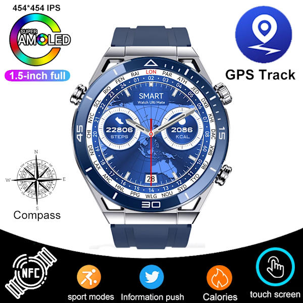GPS-bana Ny Smartwatch Herr 1,5 tum 454*454 HD Bluetooth Calling NFC-klockor Kompass Vattentät EKG Smartwatch För Huawei Blue
