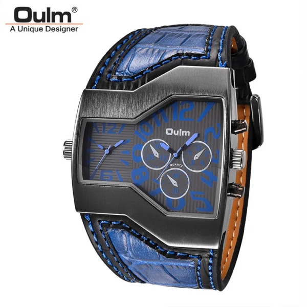 Oulm Classic Style Two Time Zone Herrklockor PU Läder Armbandsur Man Quartz Clock Casual Man Timmar relogio masculino blue