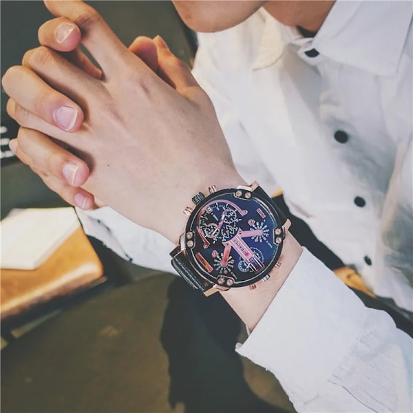Nya Big Dial Klockor Herr Svart Brunt Läderband Hip-hop Military Army Quartz Armbandsur Manklocka Hodinky Relogio Masculino Black Leather White
