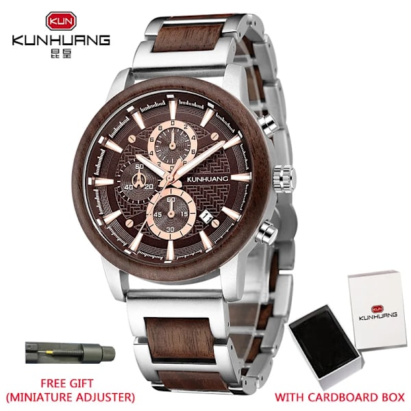 KUNHUANG Träklockor Lyxig lysande multifunktions träkvarts watch för män Mode Sport Klockor Zegarek męski Silver brown box