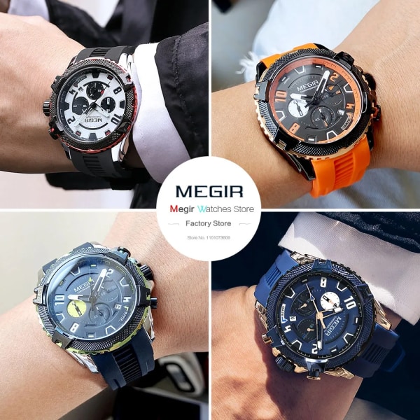 MEGIR Watch för män Orange silikonrem Sport Chronograph Quartz Armbandsur med datum 24-timmarsdisplay 3atm Vattentät Black Blue-Box