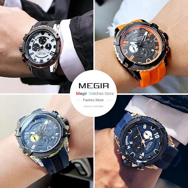 MEGIR Watch för män Orange silikonrem Sport Chronograph Quartz Armbandsur med datum 24-timmarsdisplay 3atm Vattentät Orange