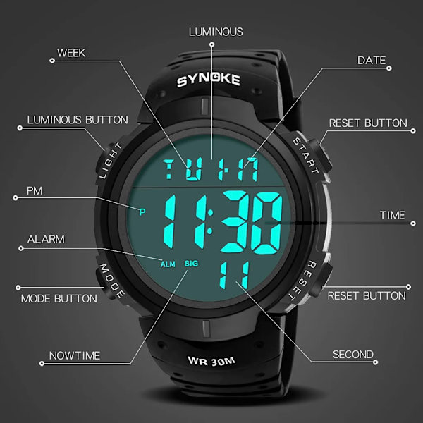 Herr Sport Casual LED-klockor Herr Digital klocka Multifunktionell gummi Man Fitness Army Militär elektronisk watch Reloj Hombre Gray