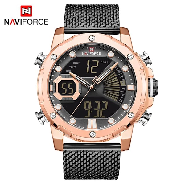 NAVIFORCE Originalklockor för män Lyxmärke Quartz Dual Display Militär watch Mesh stålband Vattentät klocka RGBB