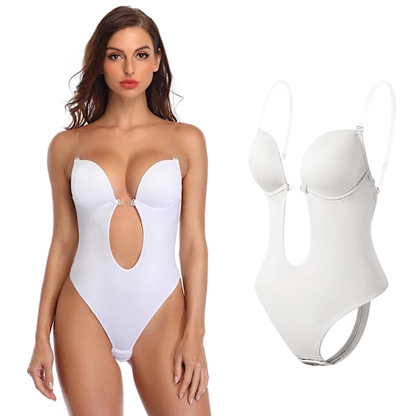 Sexig Djup V-hals Rygglös Body Shaper BH Body String String Shapewear Dam Naken Svart Osynlig Magkontroll Underkläder Bröllop White L
