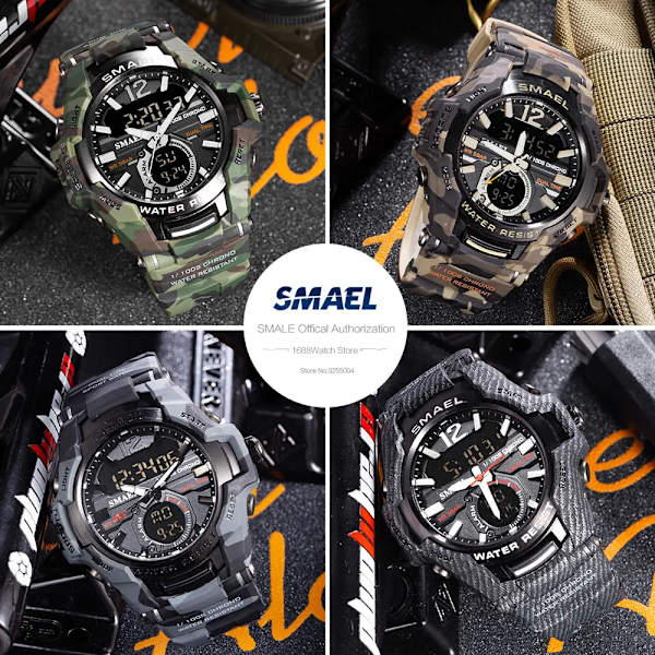 SMAEL Sport Digitala klockor för män Army Kamouflage Simning Armbandsur Väckarklocka Kalender LED Bakgrundsbelysning Dual Time Watch 1805 Camo Khaki-Box
