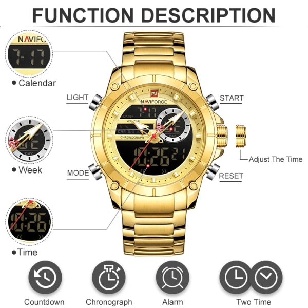 NAVIFORCE klockor för män Lyxmärke Big Dial Gold Watch Rostfritt stål Vattentät Sport Manklocka Relogio Masculino GG-BOX