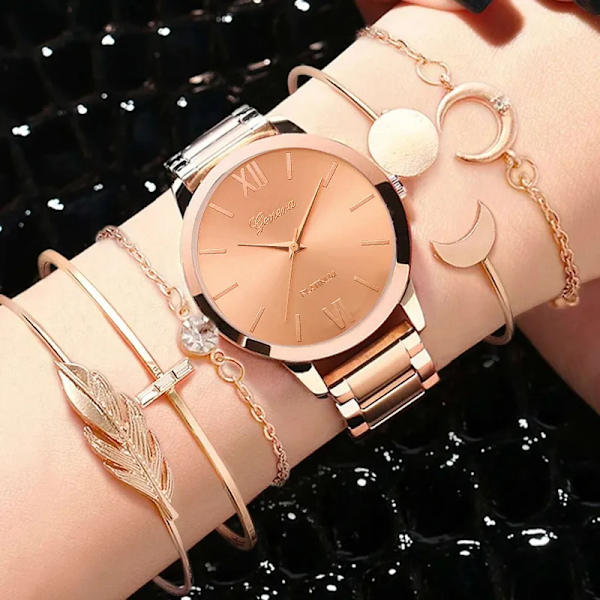 6/5/3PCS 2022 Lyx Damklockor Set Armband Armbandsur Mode Dam Quartz Watch Klänning Kvinnlig Klocka Montre Femme Relogio 5PCS Rose Gold B