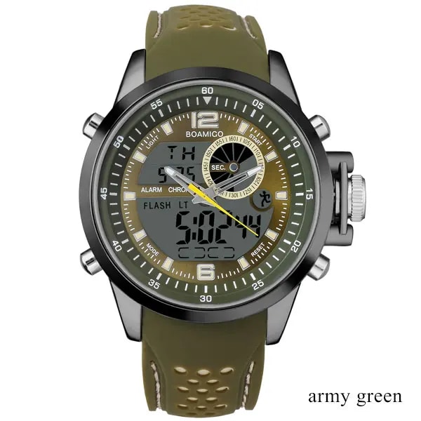 män sportklockor militär digitala klockor med dubbla skärmar analog LED quartz watch BOAMIGO märke manliga 30M vattentäta armbandsur army green