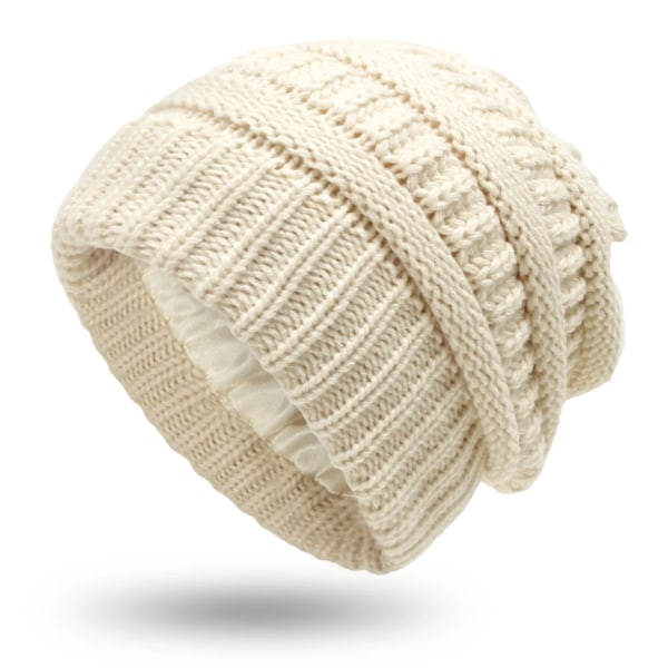 Mode Nya 9 Färger Dam Vinter Varm Stickad Hatt Satin Silke Fodrad Kabel Stickad Beanie Chunky Slouchy Skull Cap Beige