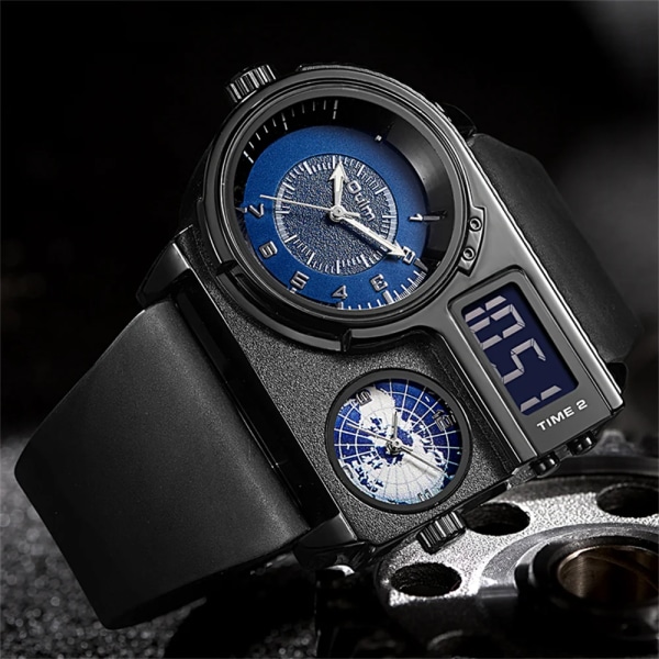 Oulm 5026 New Dual Display Två tidszon Watch Man Big Dial Quartz Clock Timmar Herr Armbandsur i äkta läder black blue with box