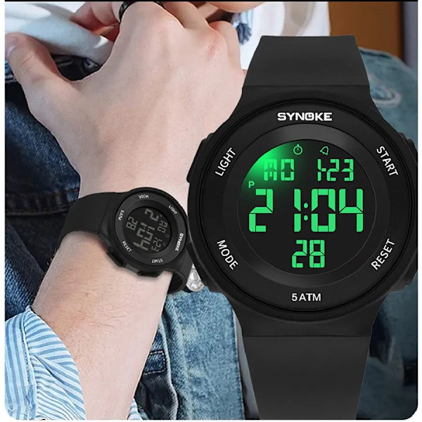 SYNOKE Student Elektronisk Watch Unisex Watch Multifunktion Militärsport Vattentät Lysande LED Digital Herr Big Dial Black
