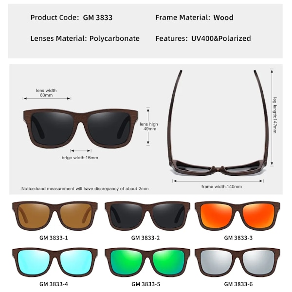 GM Retro Mode Bambu Trä Polariserad Solglasögon Kör fyrkantig Solglasögon Man Goggle UV400 Kvinnor Män Märkesdesigner Black Dark bamboo