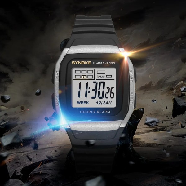 SYNOKE Student Elektronisk Watch Utomhussport Pojke Lysande Vattentät Watch Retro Square Watch Silver