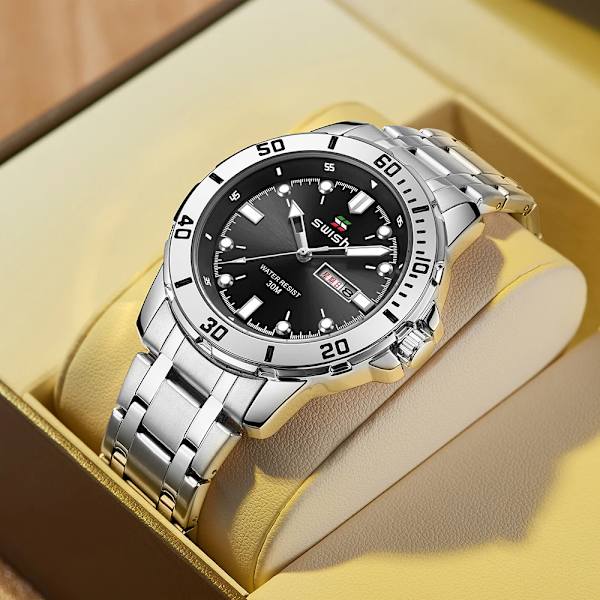 Mode Herrsportklockor Lyxiga rostfria watch Dubbelkalender Silver Guld Man Clock Relogio Masculino Blue Silver Black