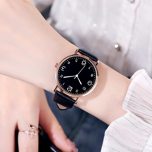 Nytt mode enkelt digitalt ansiktsläderbälte Watch Rund Fritidsstudent Kvartsklocka Watch Matchande armbandsur för kvinnor 2-Red