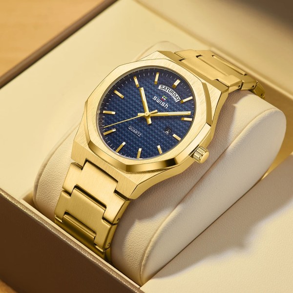 Ny åttkantig design Quartz Armbandsur Herr Klänning i gyllene rostfritt stål Watch Datum/vecka Funktioner Lyx dykarklocka Man Gold Black