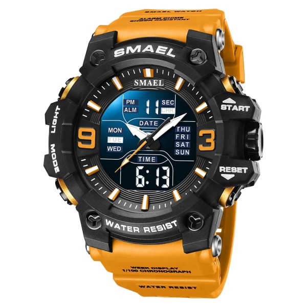 Watch Sport Vattentät LED-ljus Väckarklocka Dubbeltid Display Vecka Auto Date Armbandsur 8049 Quartz Klockor Sporttid ORANGE